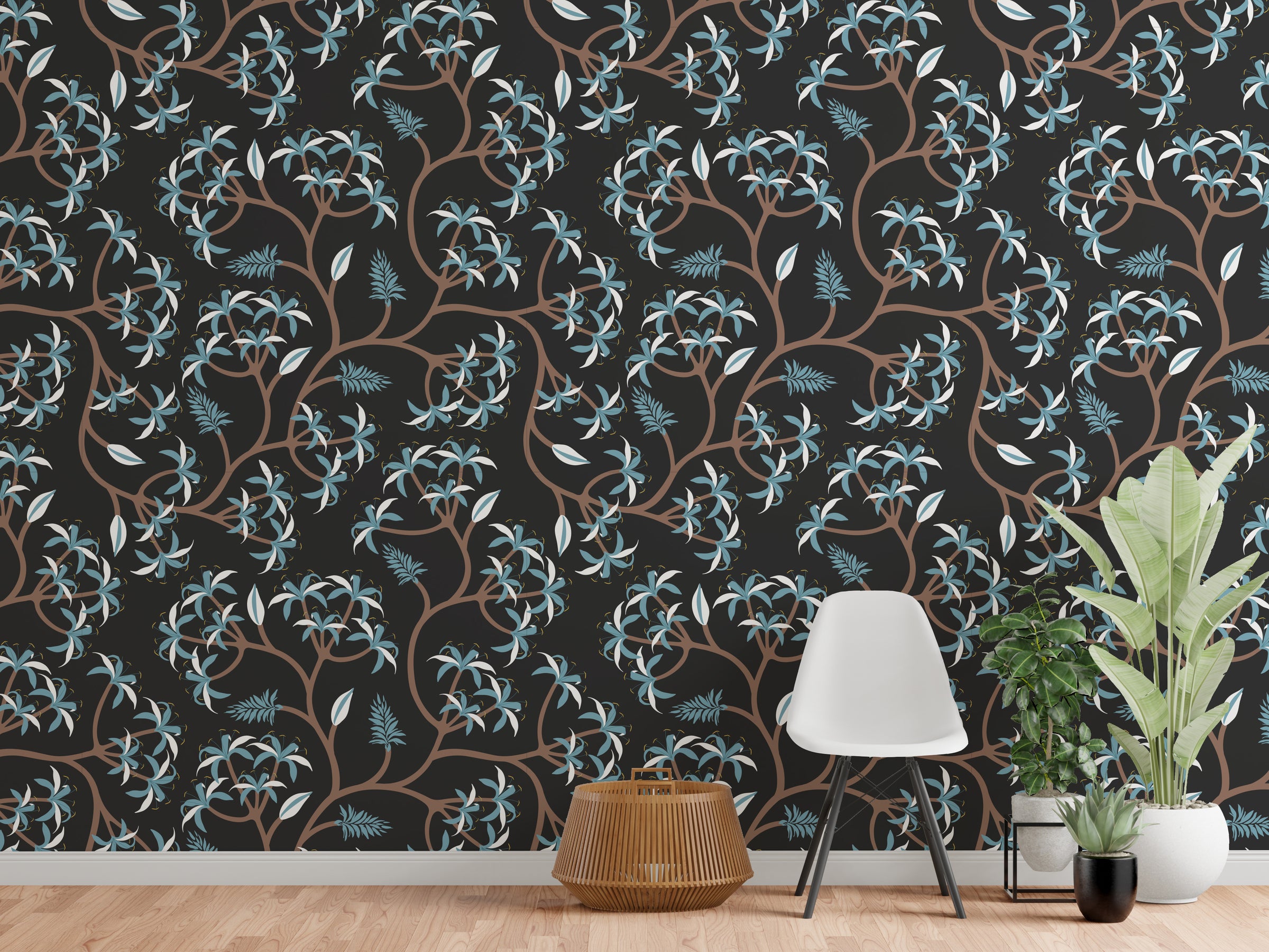Luxurious office accent wall featuring dark botanical branches with soft blue leaves, premium workspace design