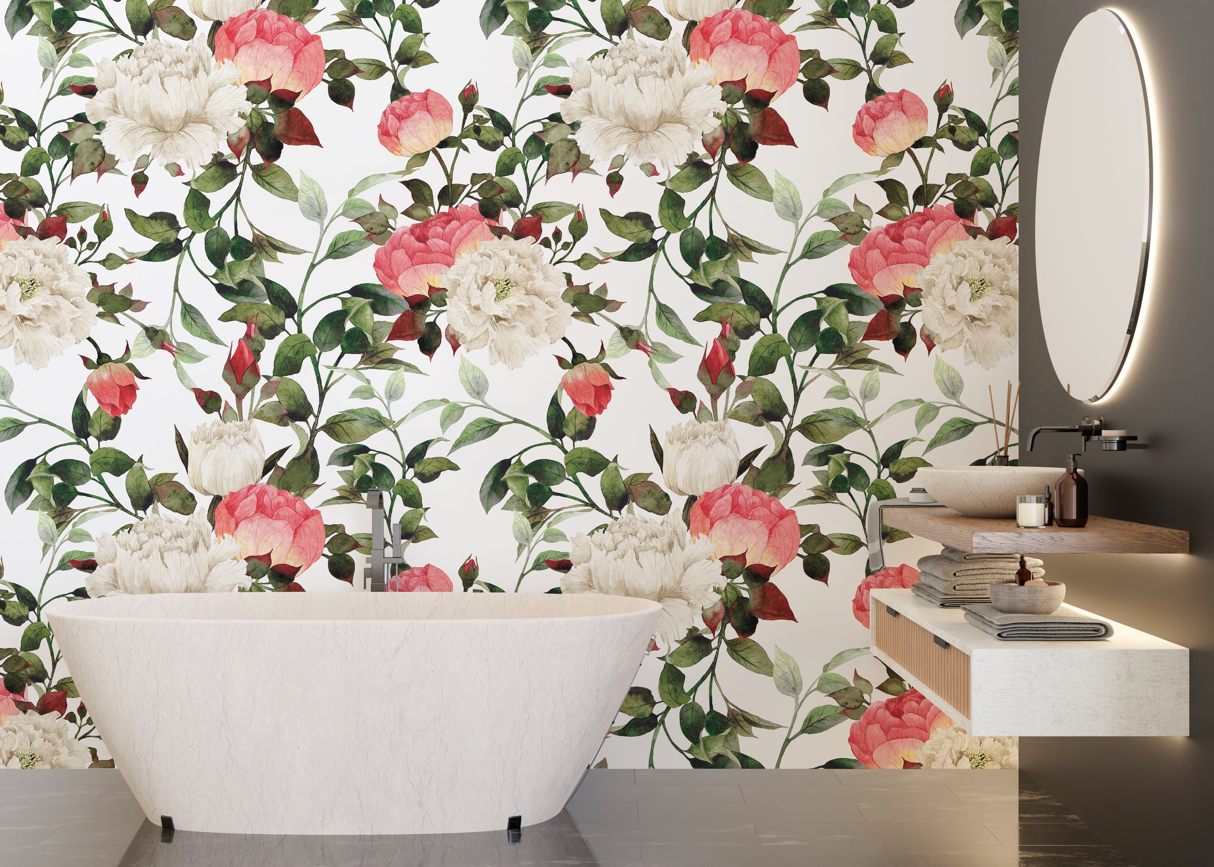 Botanical peony wallpaper with green foliage elevates sophisticated bathroom wall ambiance