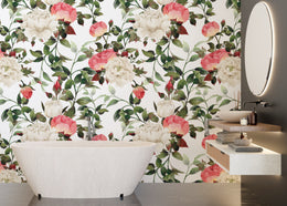 Botanical peony wallpaper with green foliage elevates sophisticated bathroom wall ambiance