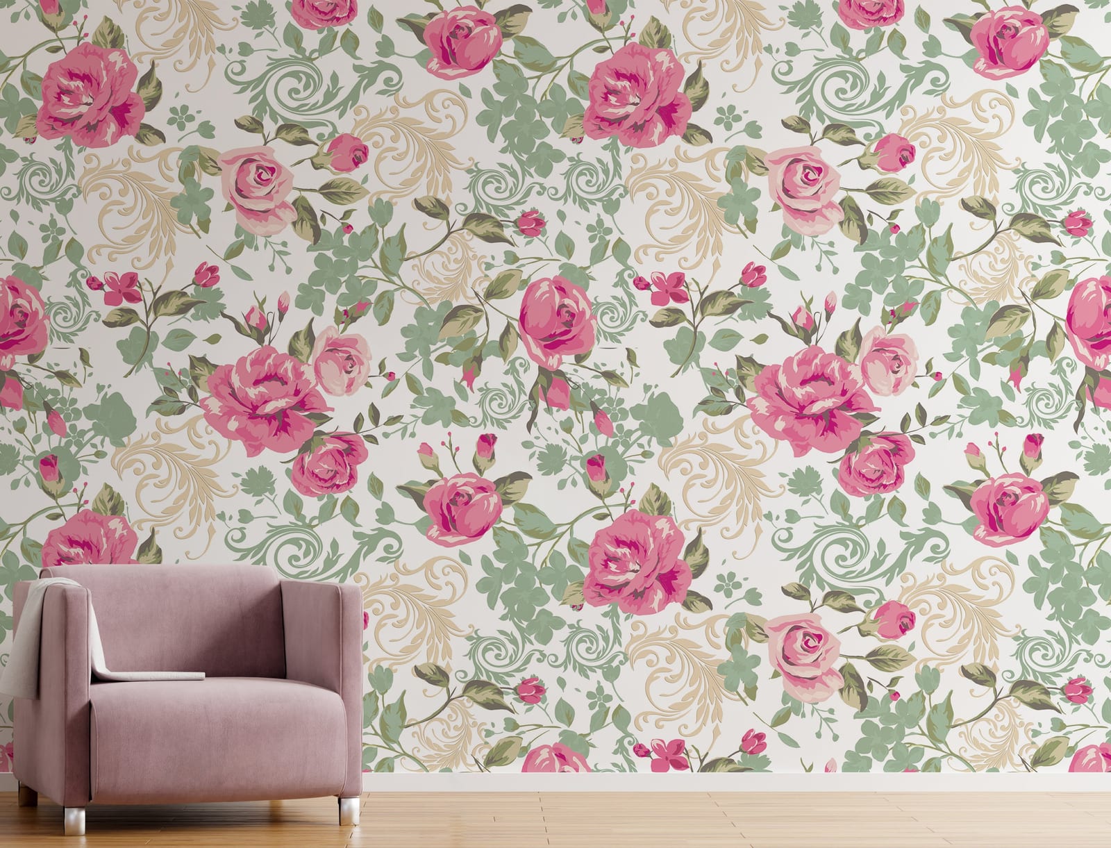Vintage floral rose wallpaper in soft pink hues bringing warmth and elegance to hallway wall design