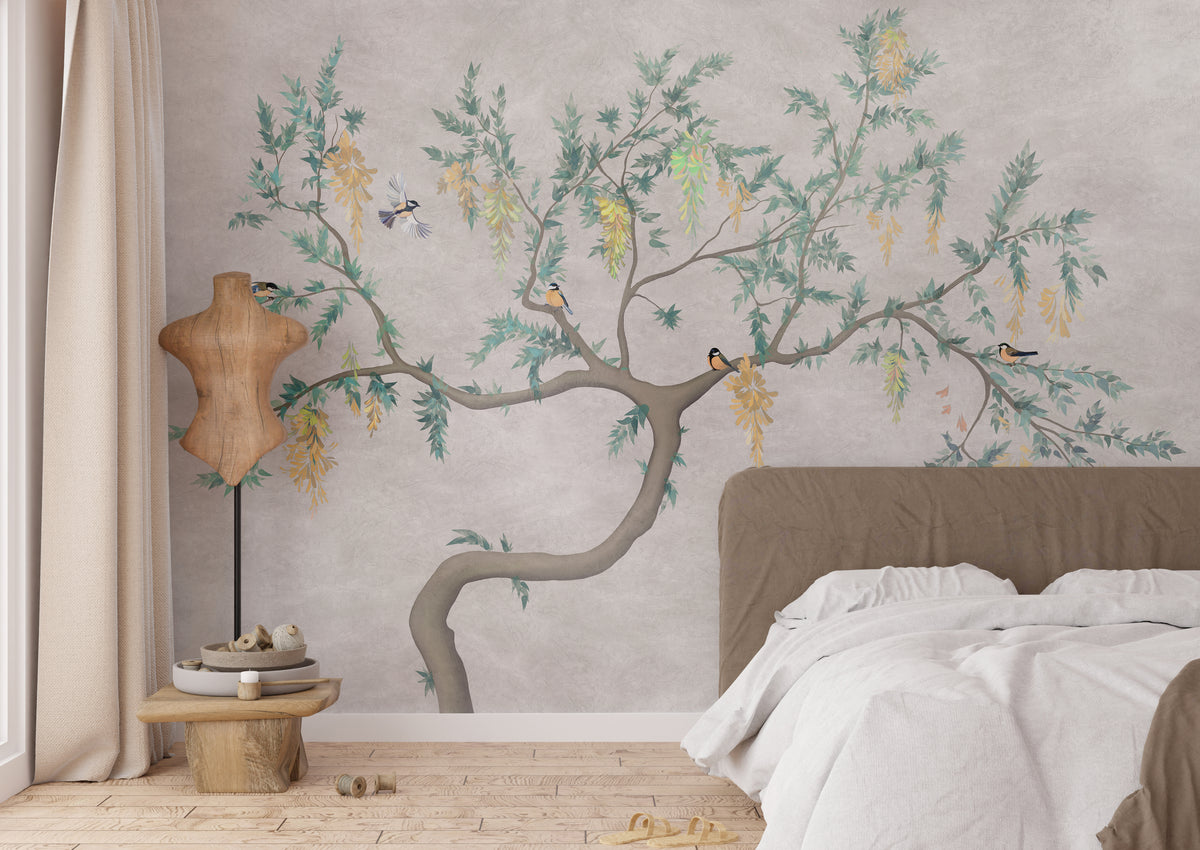 Flowering Tree Birds Japandi Wallpaper | Beige Peel-and-Stick Nature Mural