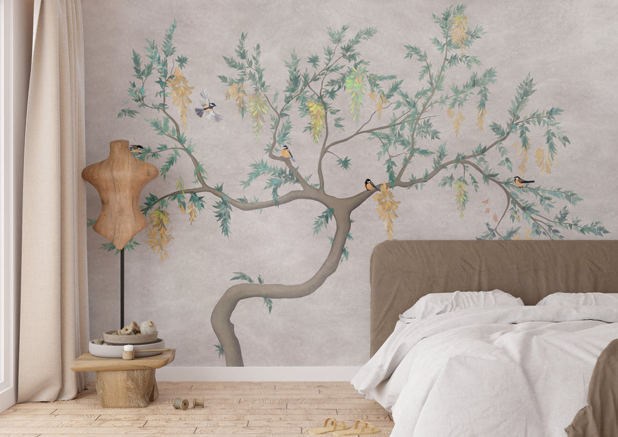 Flowering Tree Birds Japandi Wallpaper | Beige Peel-and-Stick Nature Mural