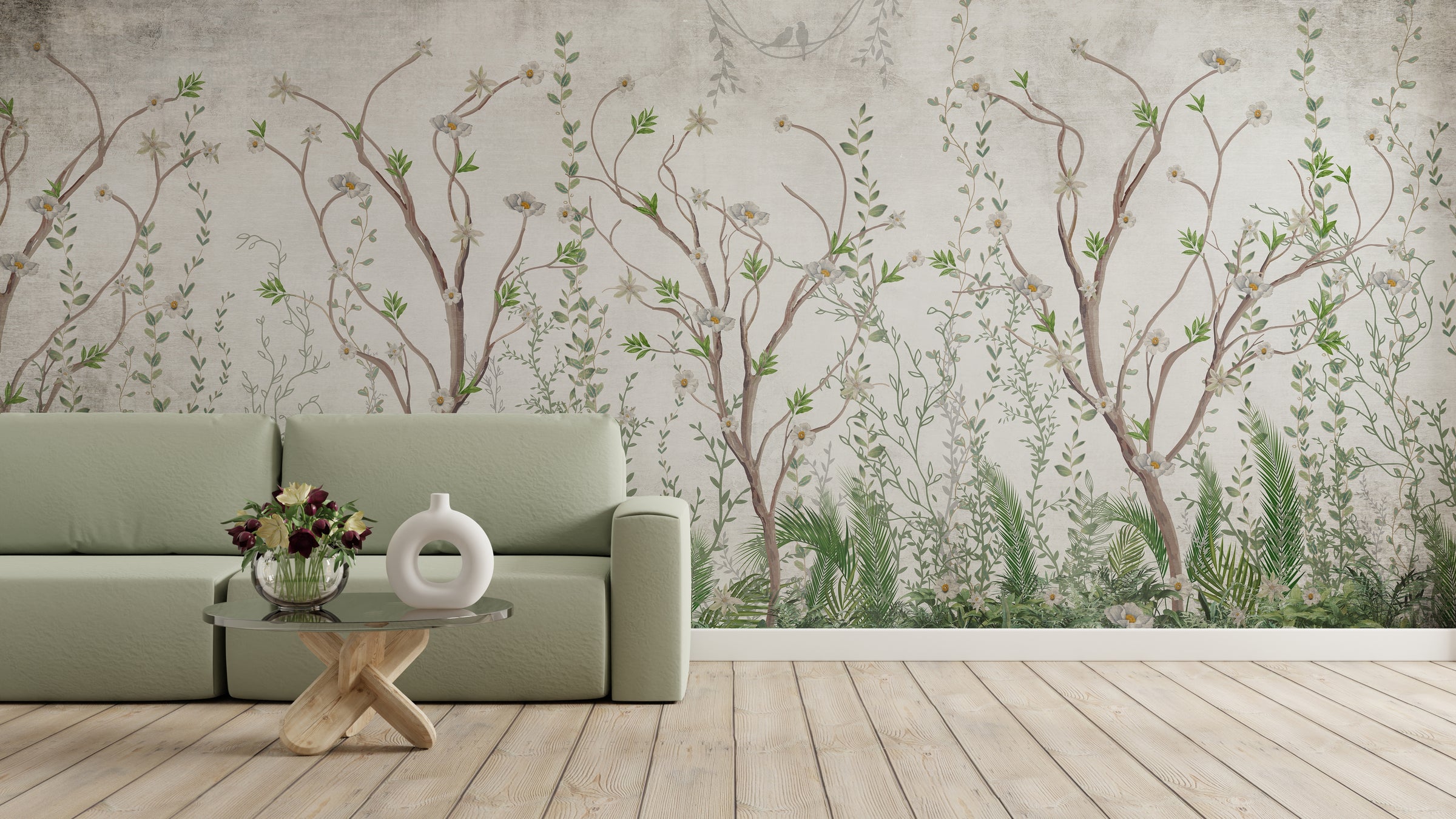 Hand Painted Chinoiserie Wallpaper | Botanical Tree Mural Removable Design