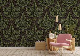 Elegant study room wallpaper featuring rich green damask design for focused stylish environment