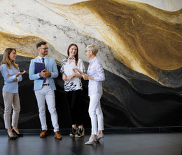 Minimalist workspace wallpaper with white gold marble abstract wave modern interior styling