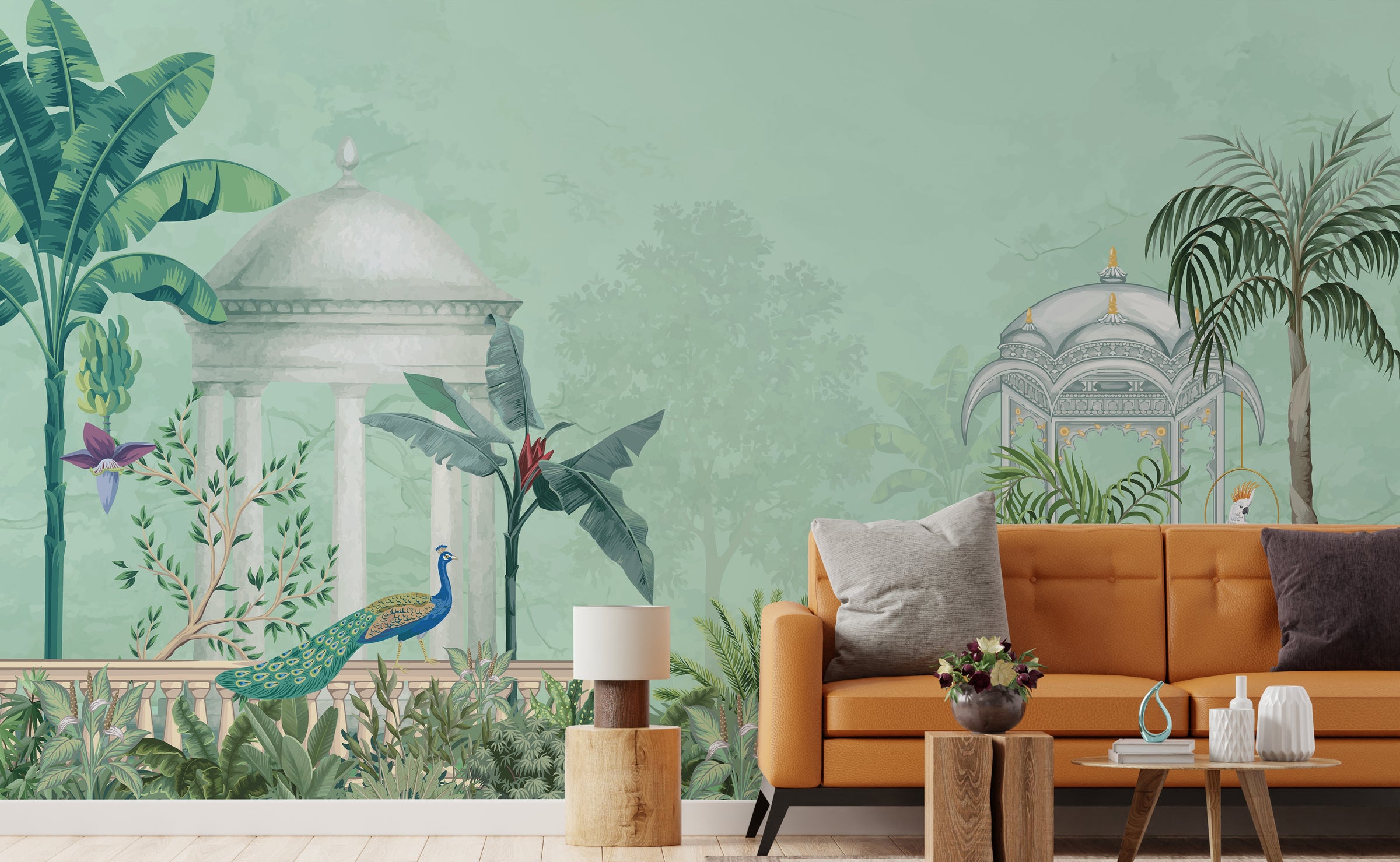 Tropical Peacock Garden Wall Mural enhancing living room with serene botanical luxury ambiance