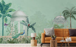Tropical Peacock Garden Wall Mural enhancing living room with serene botanical luxury ambiance