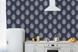 Paisley wallpaper navy boho pattern adds stylish depth to modern kitchen backsplash wall