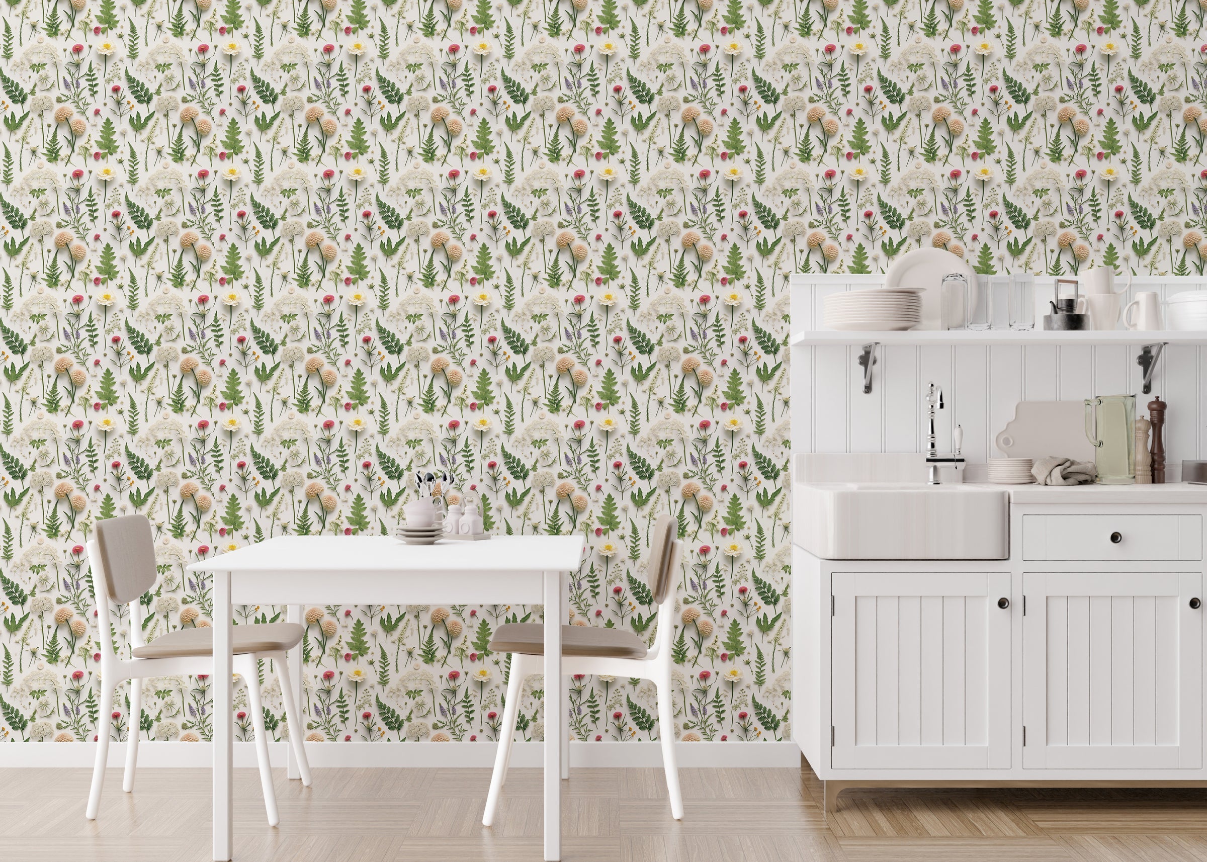 Botanical print with wildflower pattern, neutral earthy colors, stylish dining room accent wall