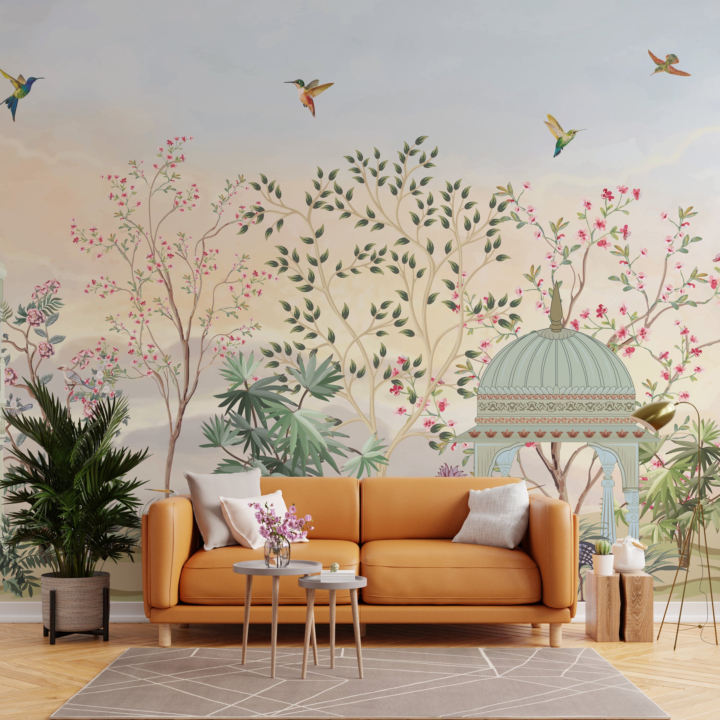 Floral garden wall mural with birds in soft pastel tones for living room decor