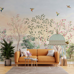 Floral garden wall mural with birds in soft pastel tones for living room decor