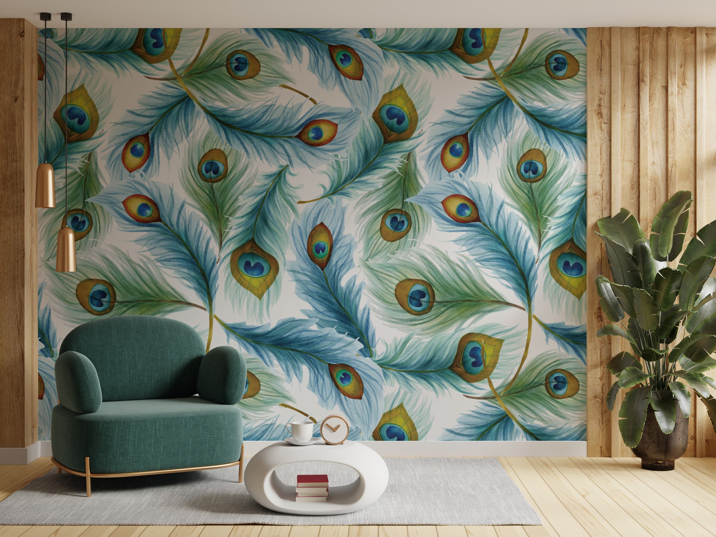 Elegant peacock feather wall mural with teal tones in stylish lounge space