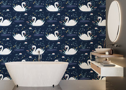 Detailed swan illustration in dark floral tones enhancing modern bathroom aesthetics