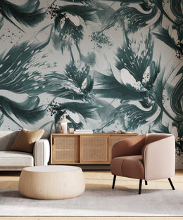 Abstract floral wall mural with teal ink splashes enhancing modern living room decor