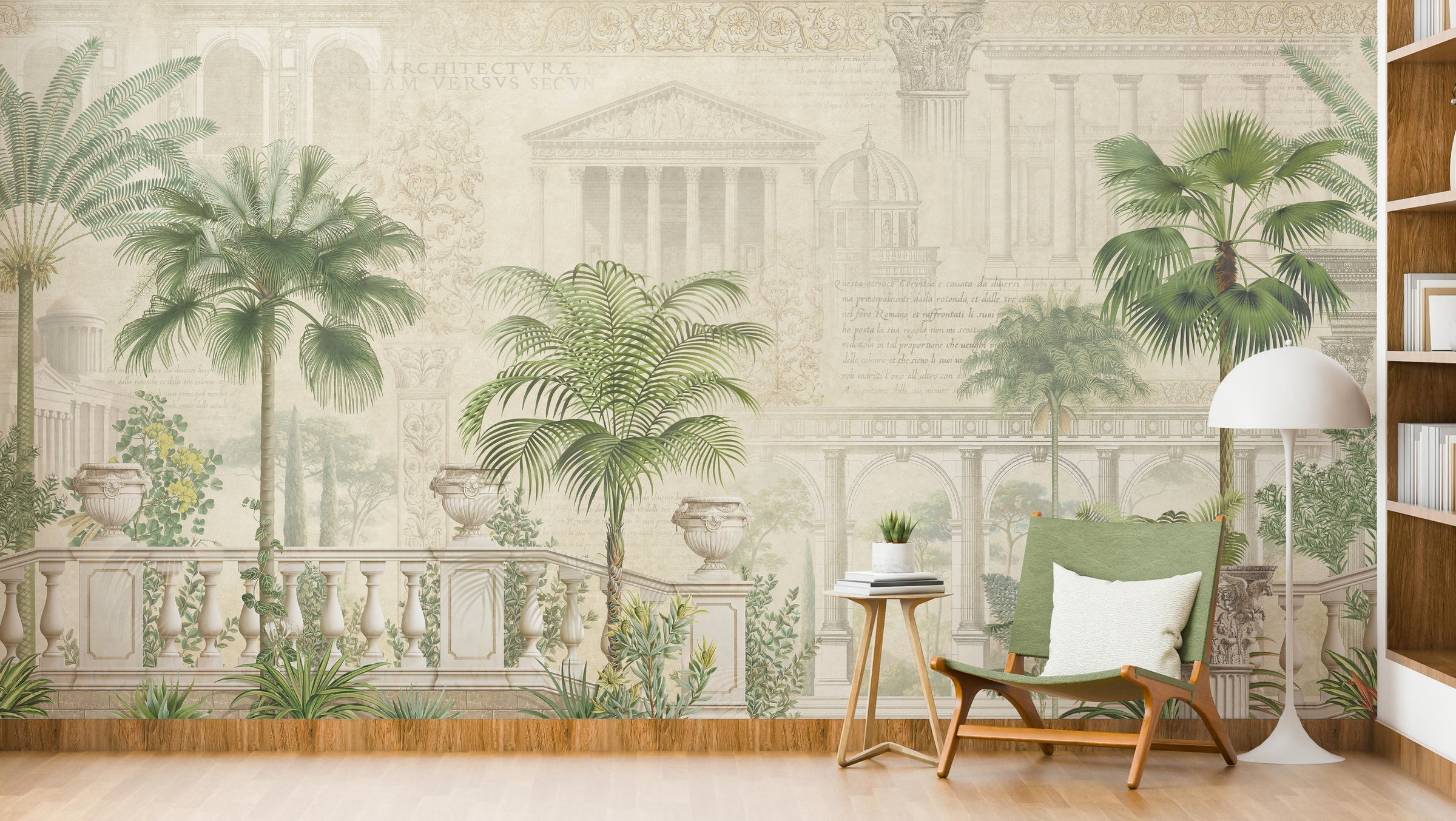 Timeless Roman architecture wallpaper with tropical greenery, ideal for Arizona, Dubai, Rome, and modern luxury living spaces.