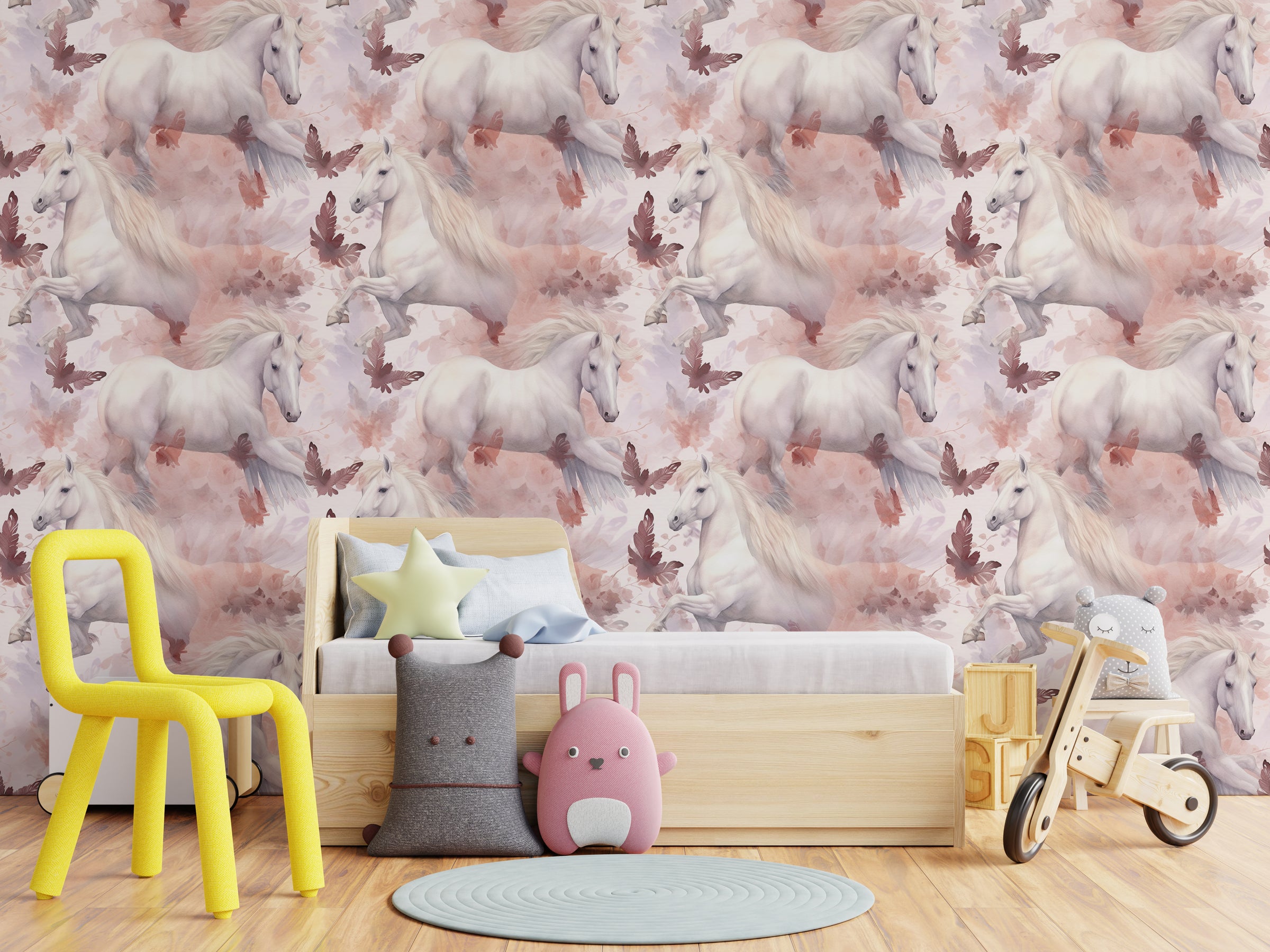 Magical unicorn mural featuring pastel sky, rainbow accents for nursery wall decor