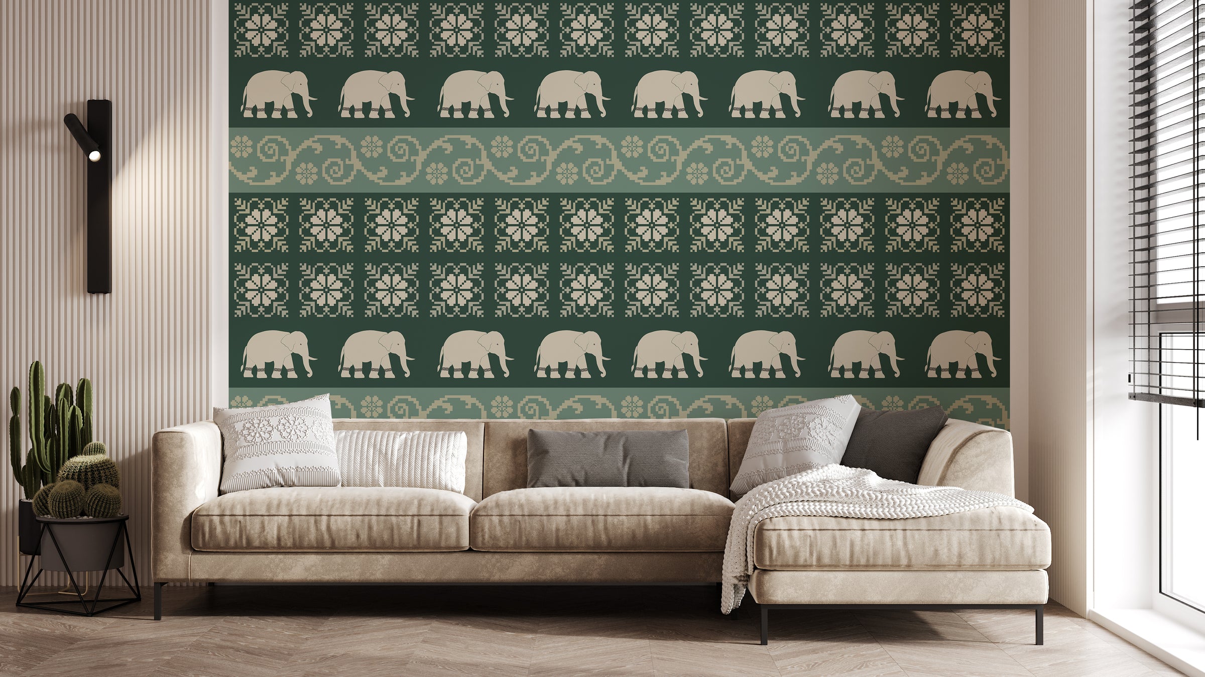 Elephant motif wallpaper dark green pattern behind sofa in modern living room decor