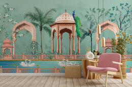 Luxury botanical wall mural removable with peacock arches for hallway entrance 