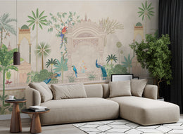 Luxury peacock wall mural featuring vintage palace arch and tropical plants living room