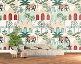 Scenic Indian palace wallpaper with wildlife, arches, earthy tones, artistic study room decor