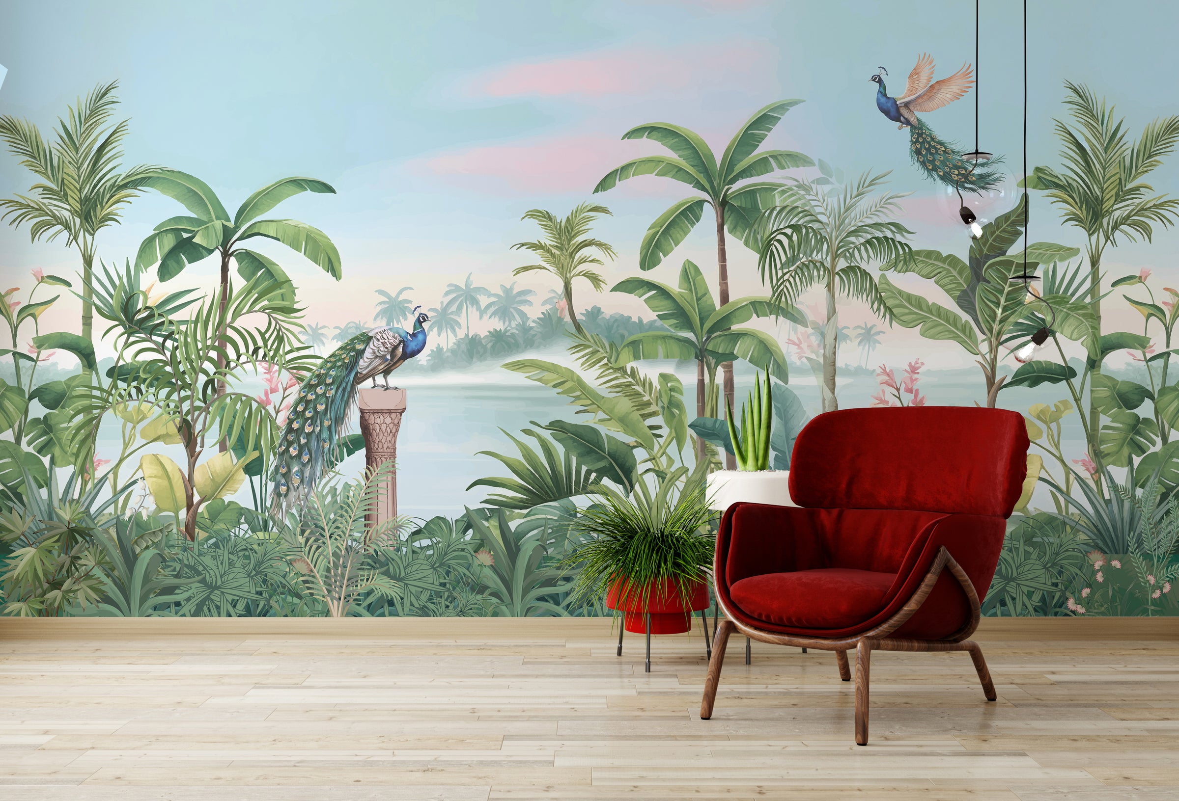 Decorative tropical rainforest peacock wallpaper for welcoming hallway interior design