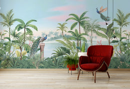 Decorative tropical rainforest peacock wallpaper for welcoming hallway interior design