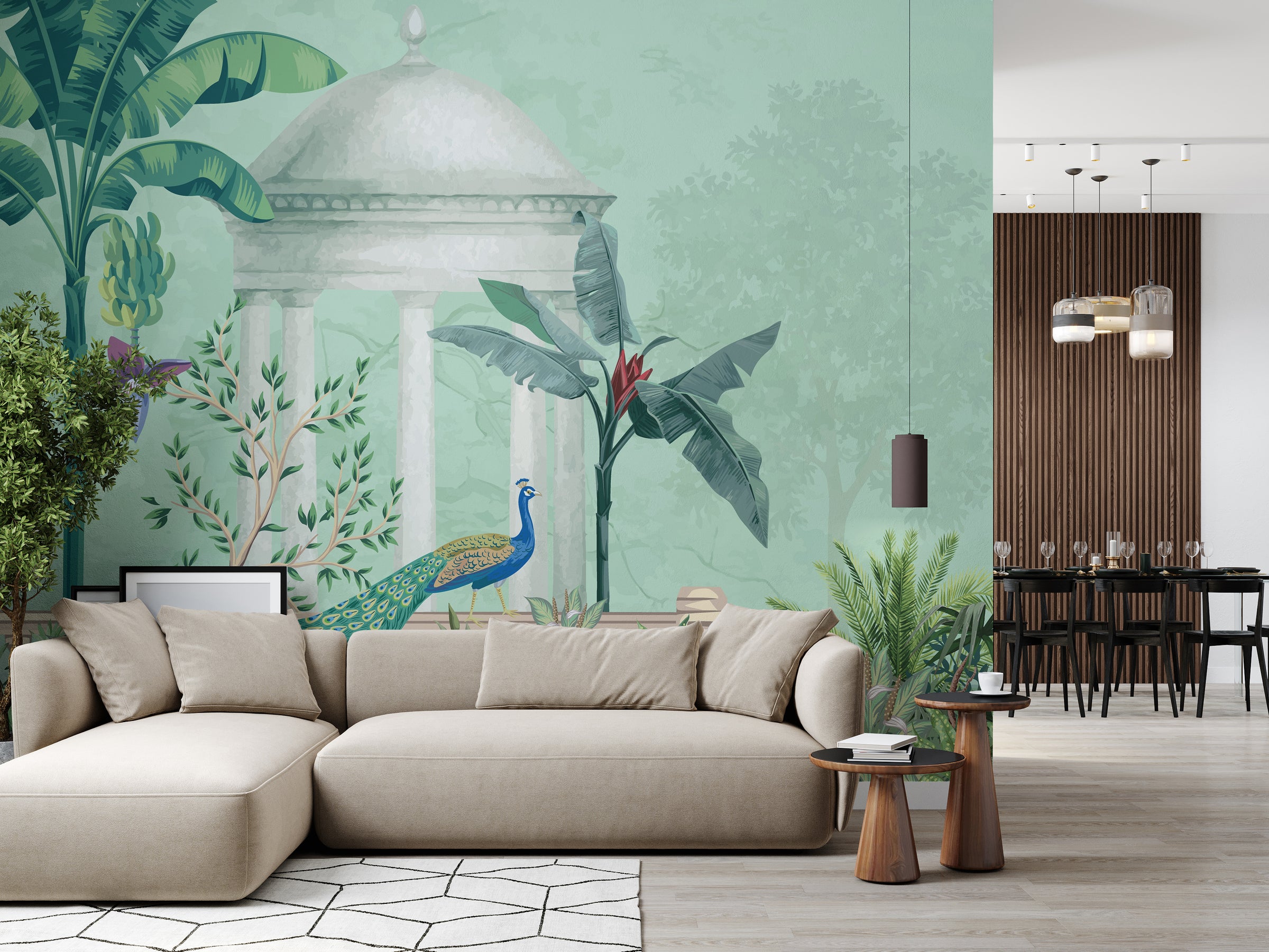 Tropical palace garden peel and stick wallpaper mural highlighting modern living room with exotic botanical elegance