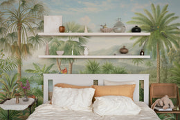 Scenic palm landscape wallpaper adding refreshing energy to apartment living space wall decor with botanical tropical environment.