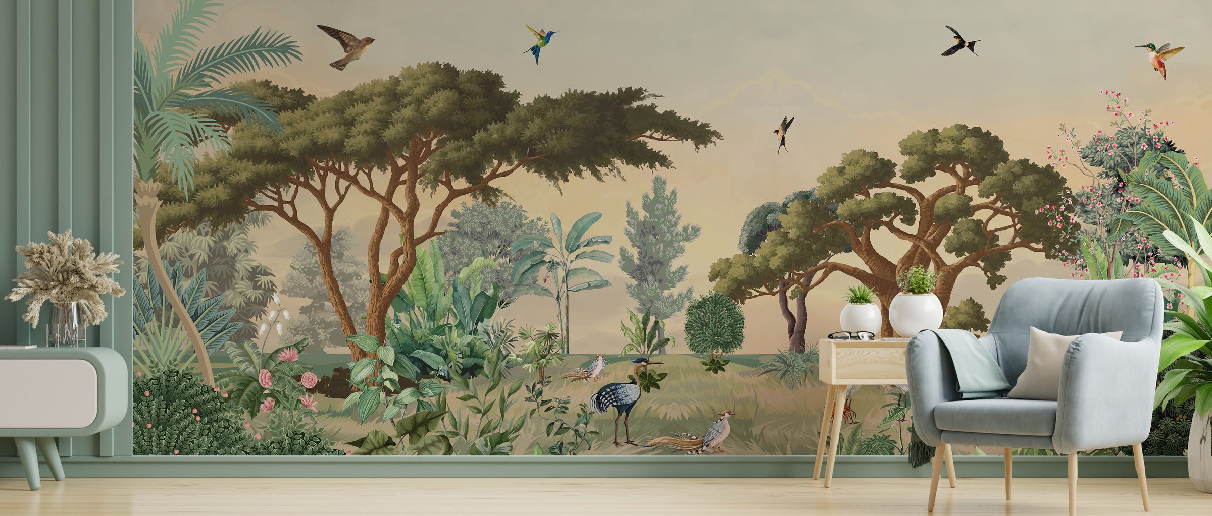 Botanical Safari Garden artistic backdrop in natural green palette for modern hallway decor