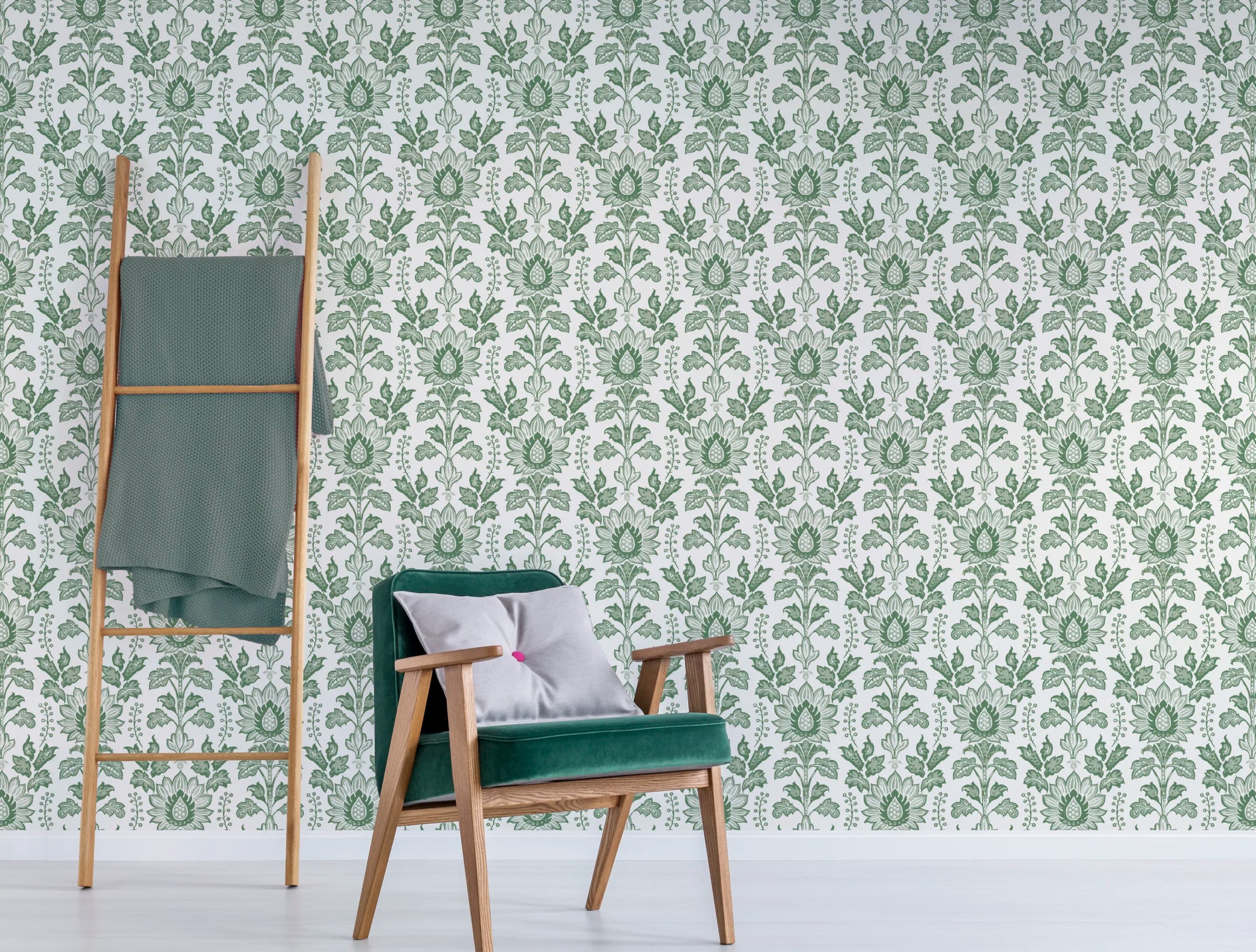 William Morris Style Floral Peel and Stick Wallpaper | Sage Green Bellflowers Wallpaper image 1