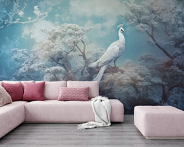 Winter Blue Forest Mural | White Peacock Art Removable Wallpaper image 4