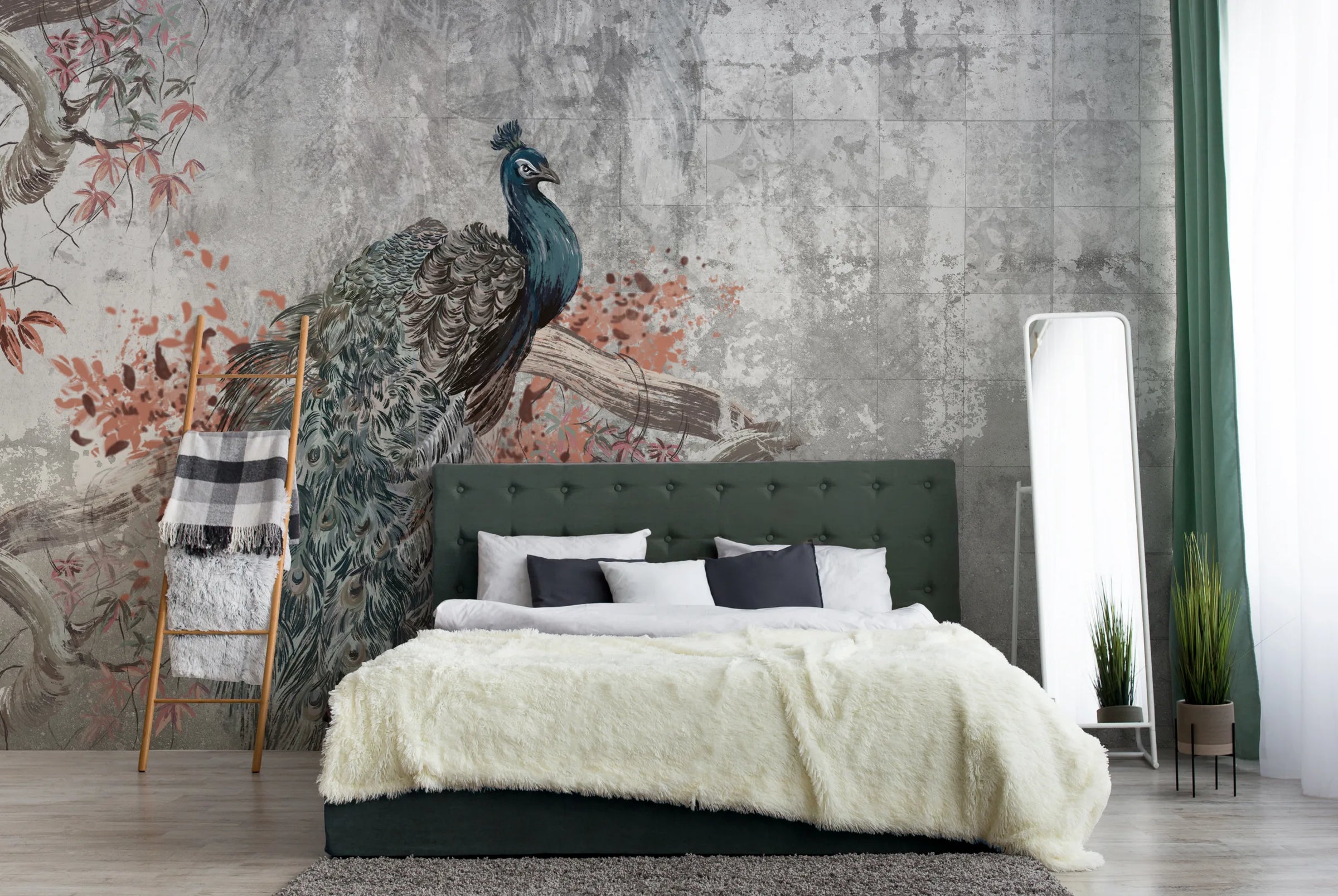 Peacock Concrete Wallpaper | Grey Vintage Peel and Stick Wall Mural image 2