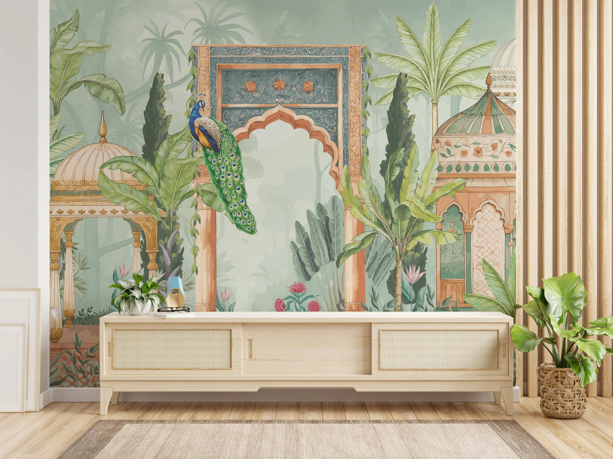 Peacock Palace Indian Wallpaper | Green Tropical Peel and Stick Living Room Decor