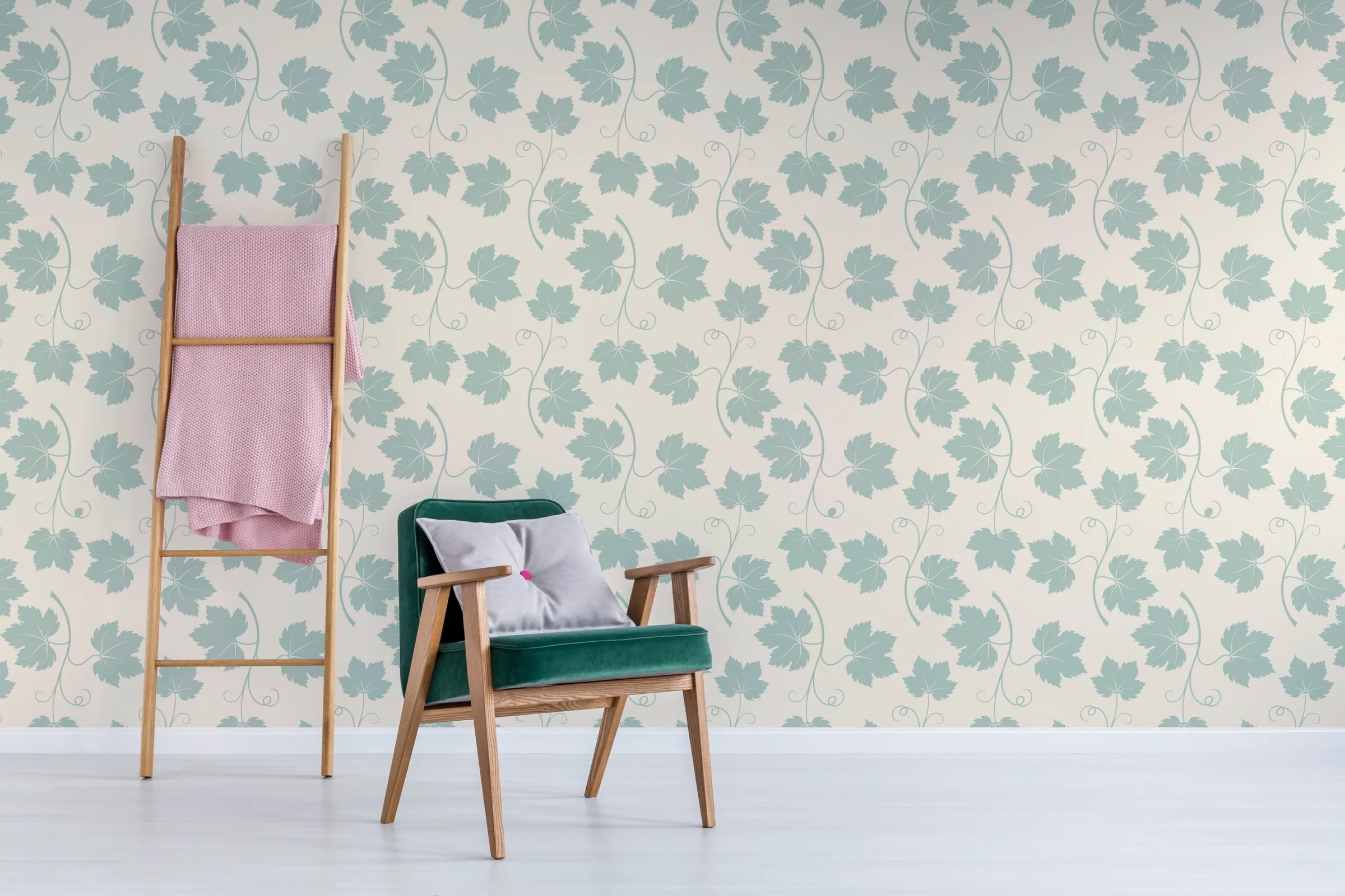 Sage Green Vine Leaf Wallpaper | Peel and Stick Wall Covering image 1
