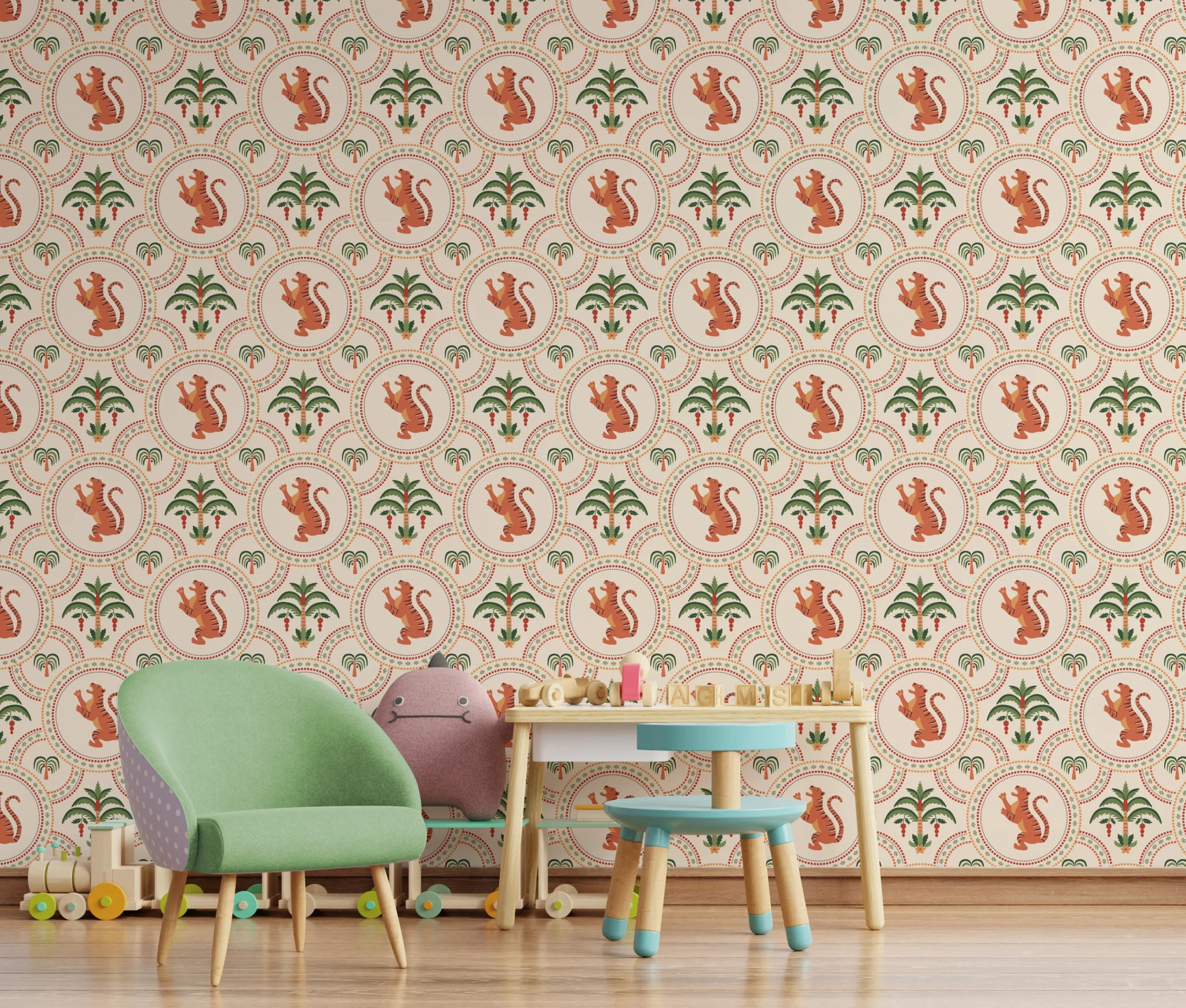 Tiger Jungle Peel and Stick Wallpaper | Terracotta &amp; Green Safari Art | Vintage Style | Kids Room image 5