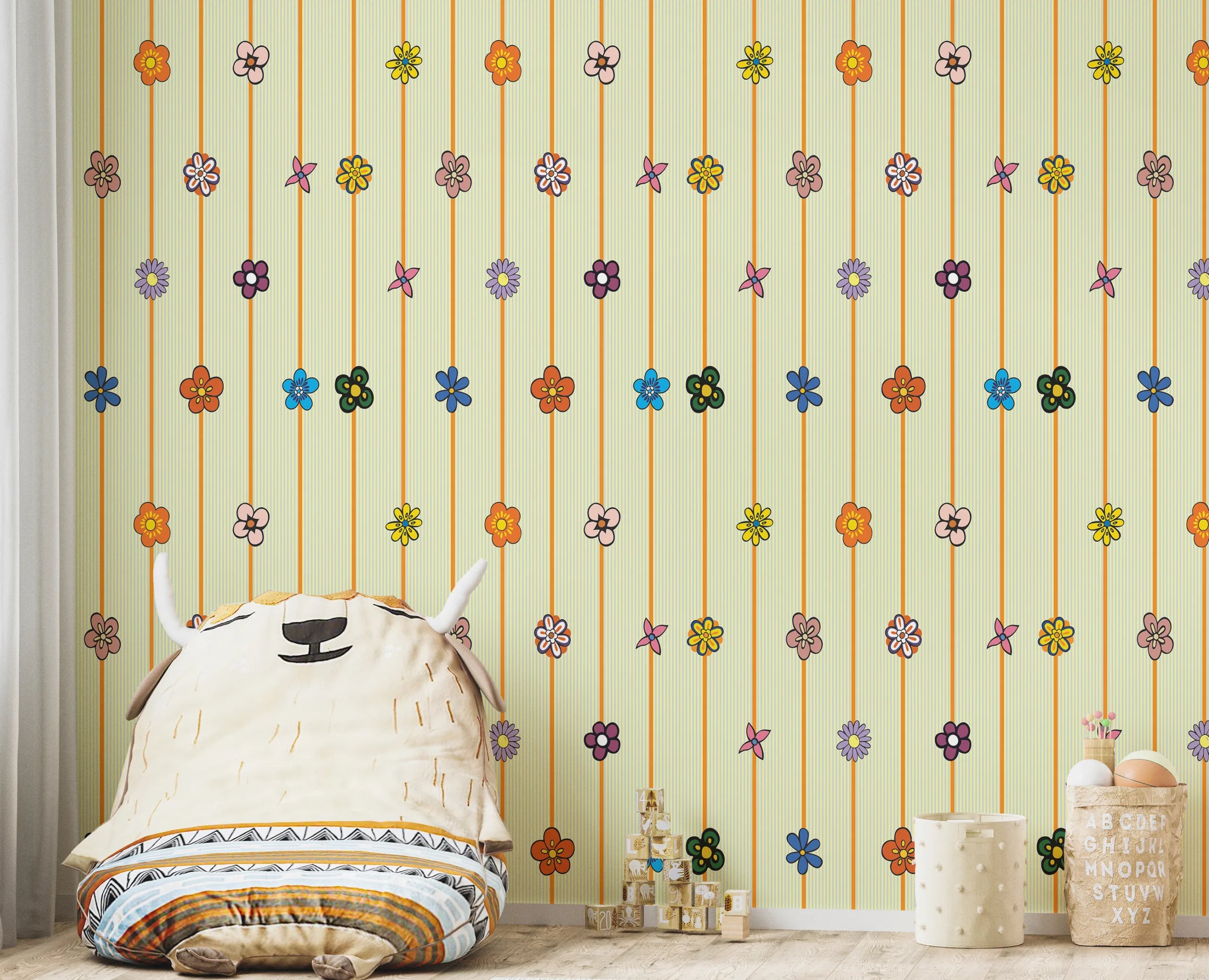 Floral Stripe Wallpaper | Yellow Kids Room Cute Peel & Stick Decor image 2