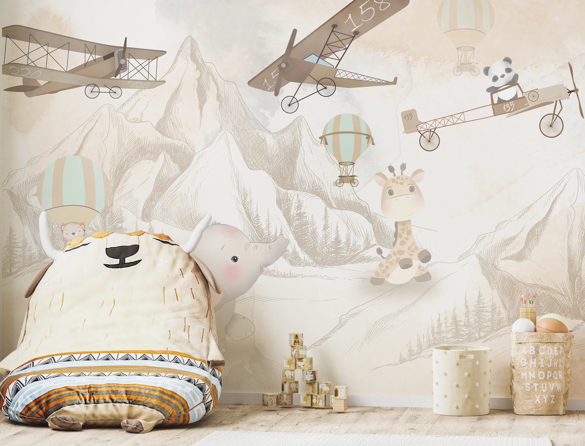 Neutral Safari Animal Nursery Wallpaper | Airplane and Balloon Peel and Stick Vinyl image 2