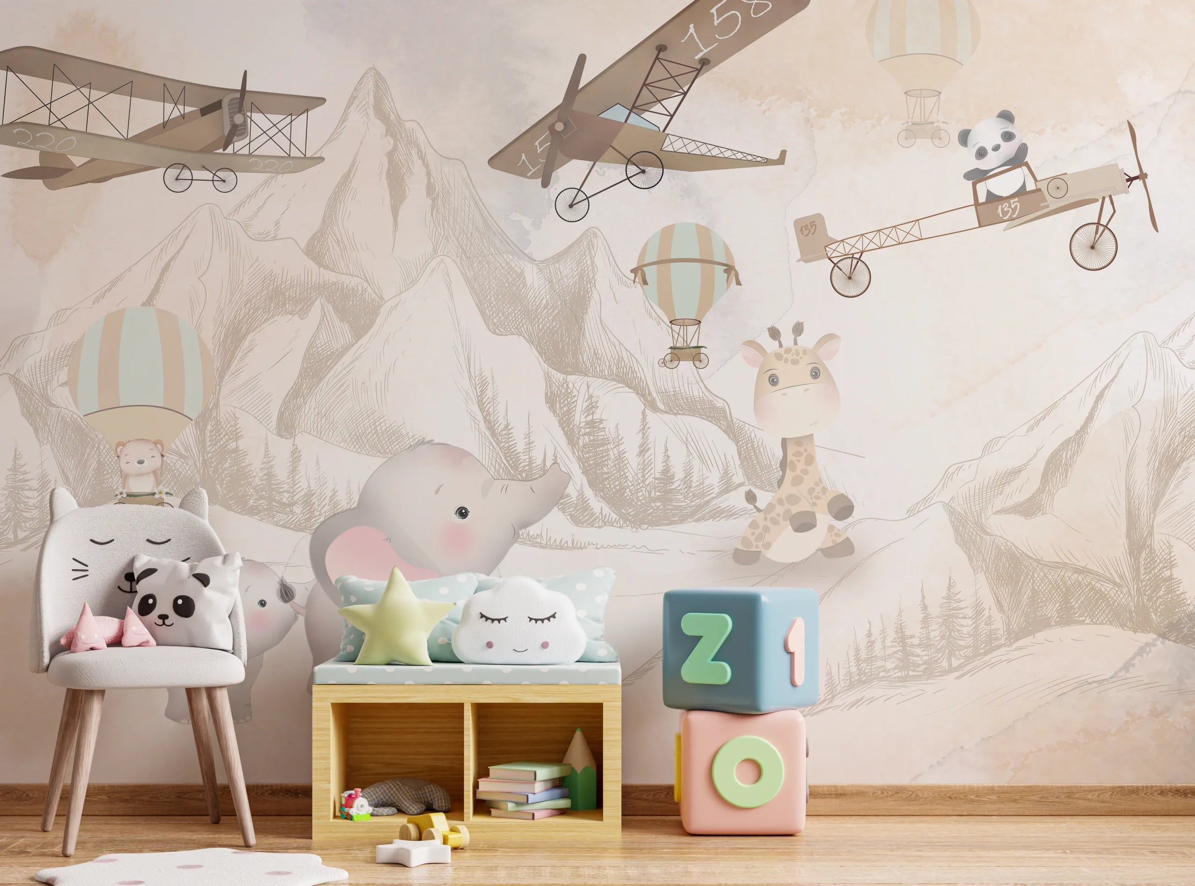Neutral Safari Animal Nursery Wallpaper | Airplane and Balloon Peel and Stick Vinyl image 3