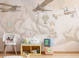 Neutral Safari Animal Nursery Wallpaper | Airplane and Balloon Peel and Stick Vinyl image 3