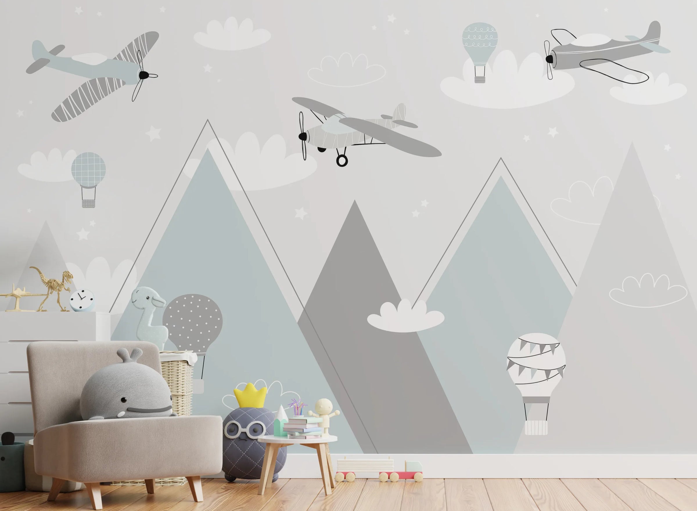 Mountain Adventure Gray Kids Mural| Airplane Air Balloon Removable Wallpaper image 6