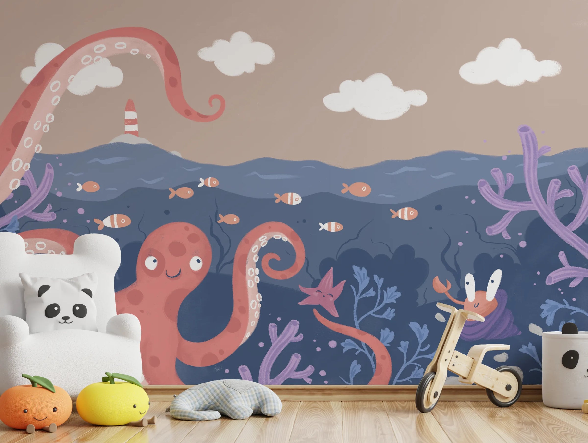 Octopus Underwater Wallpaper | Pink Octopus Ocean Peel and Stick Nursery Decor image 4