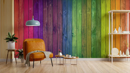 Colorful Wood Stripe Wall Mural | Rainbow Self Adhesive Wallpaper image 2