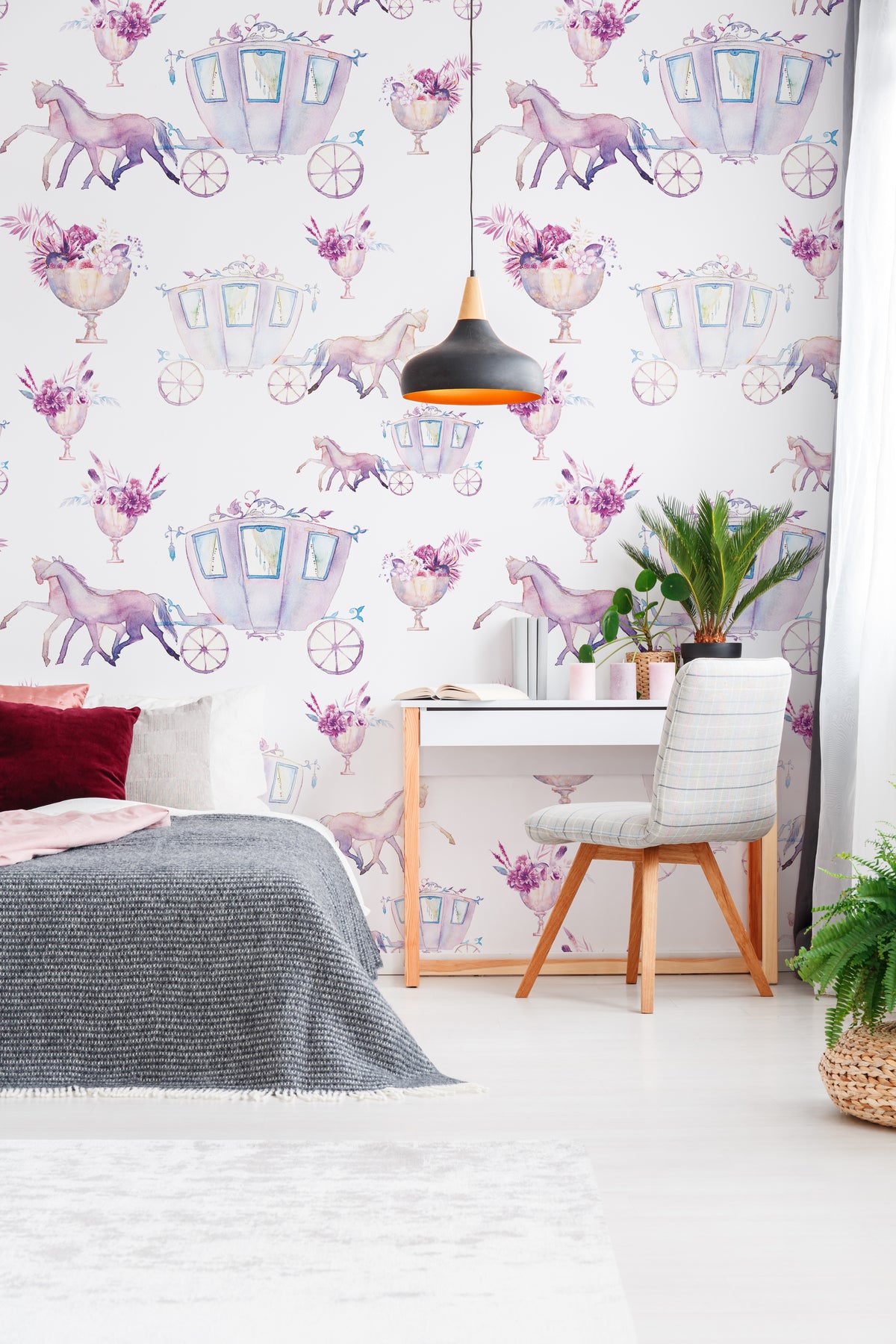 Pink and White Fairytale Wallpaper Peel and Stick Princess Fantasy Kids Wall Decor