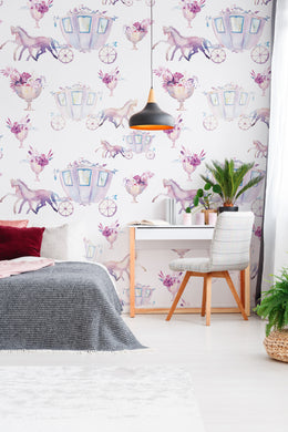 Fairy tale wallpaper with watercolor carriage, dreamy girls bedroom wall decor