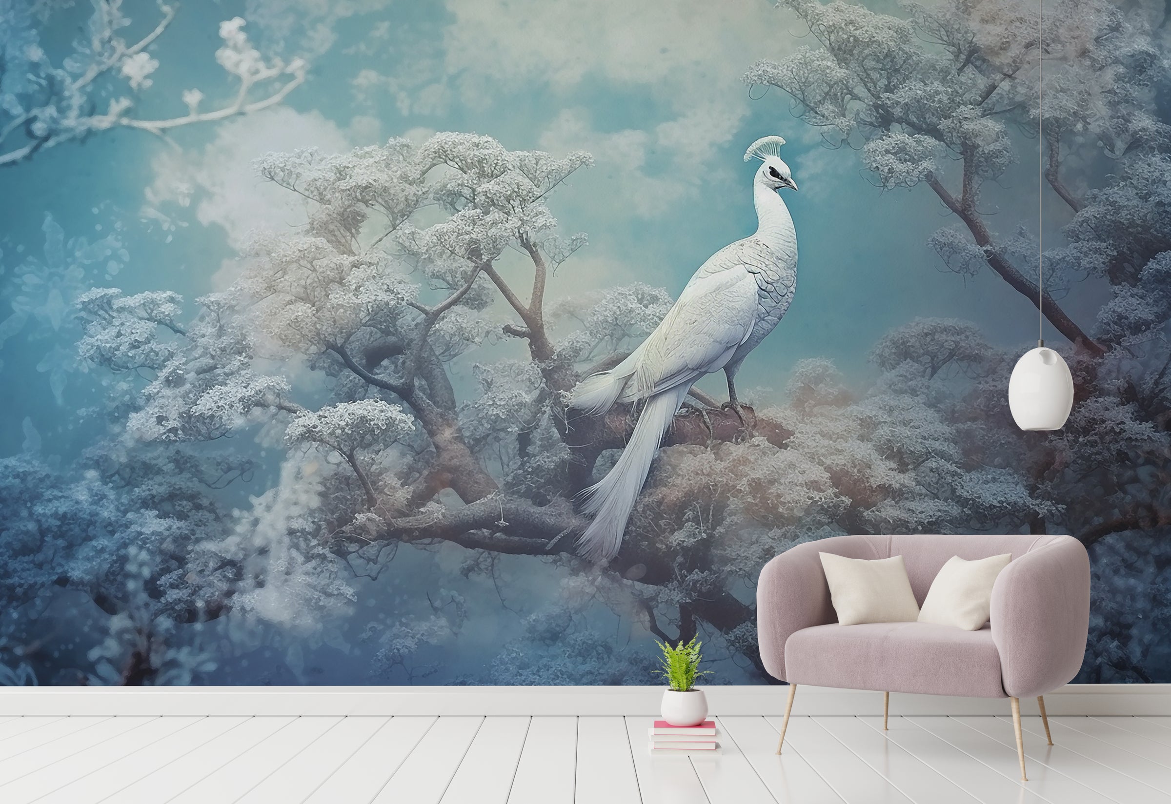 Winter Blue Forest Mural | White Peacock Art Removable Wallpaper