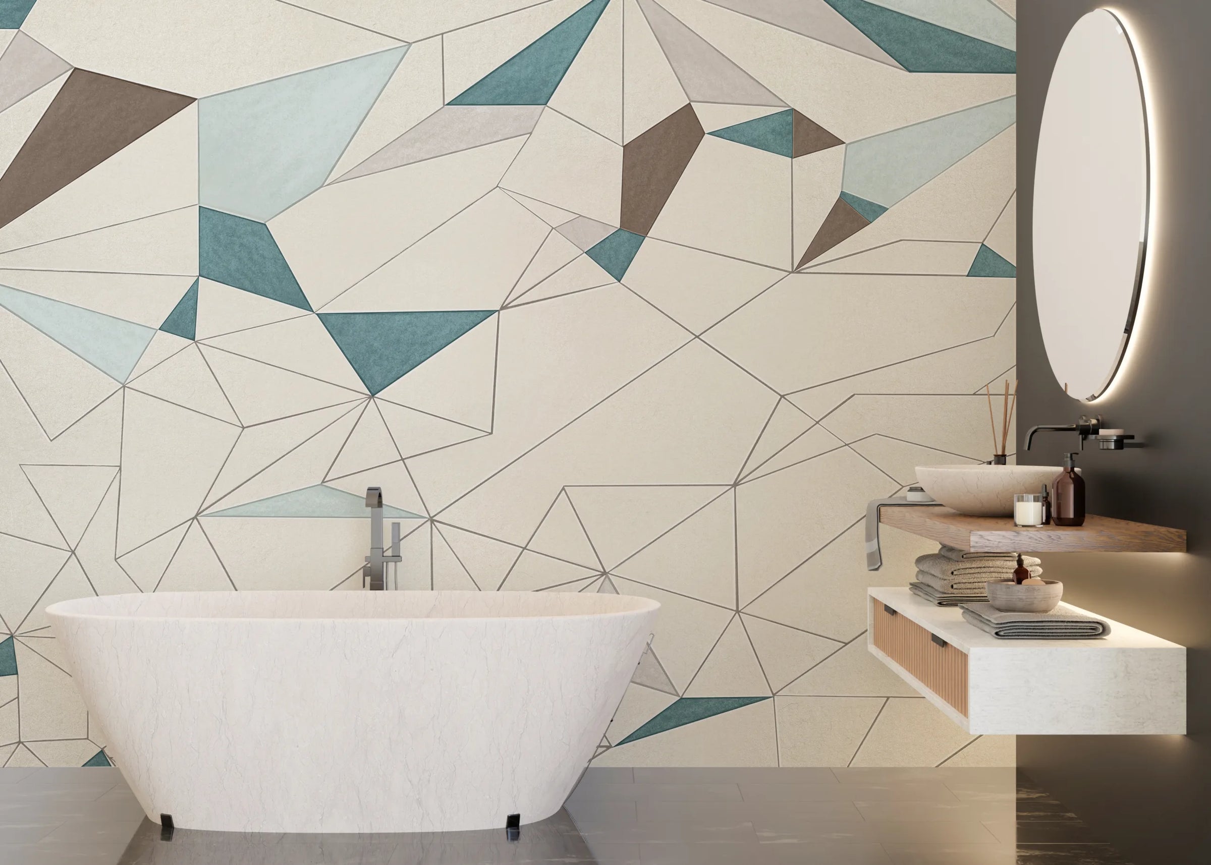 Abstract Geometric Wall Covering | Teal Beige Removable Modern Wallpaper image 2