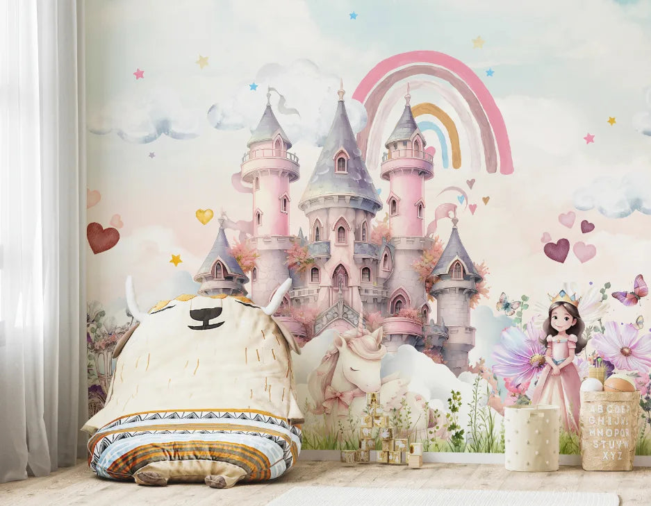 Pink Castle Kids Wallpaper with Rainbow Unicorns | Peel and Stick Wall Mural image 1