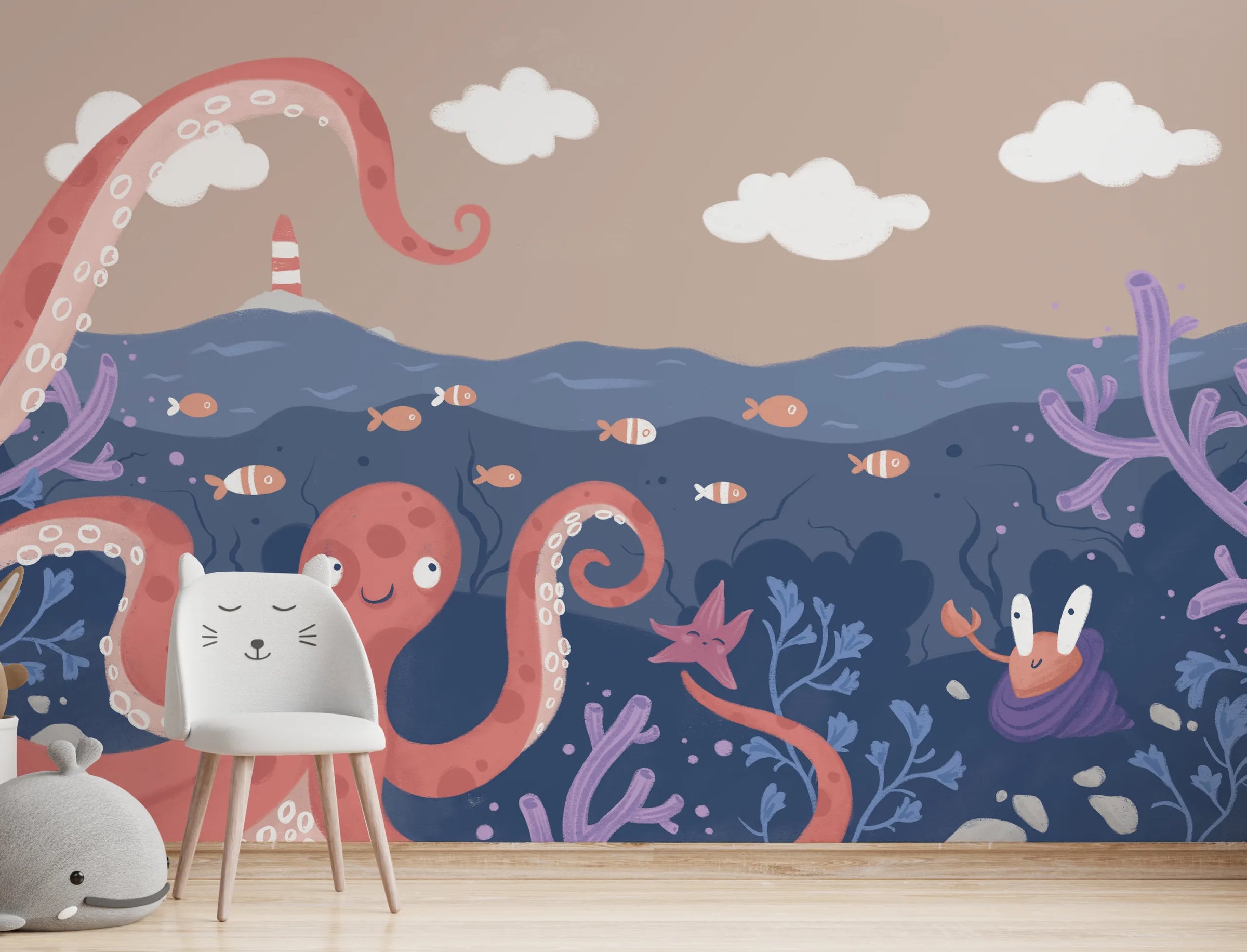 Octopus Underwater Wallpaper | Pink Octopus Ocean Peel and Stick Nursery Decor image 0