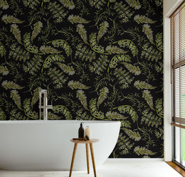 Stylish botanical fern wallpaper with green tones for elegant bathroom interiors