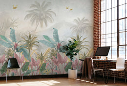 Tropical Rainforest | Pink Green Leaf Removable Wall Covering image 3